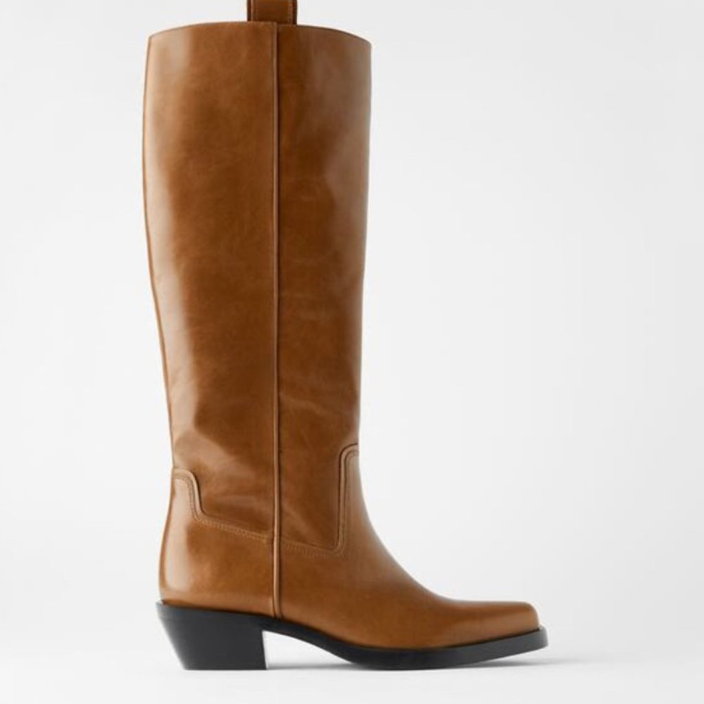 ZARA  BROWN HEELED LEATHER SQUARE TOE COWBOY BOOTS